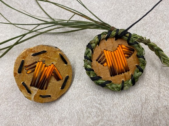 Shiajan Caplin - Wild Spirit Creations - Quill Orange Shirt pins with sweetgrass