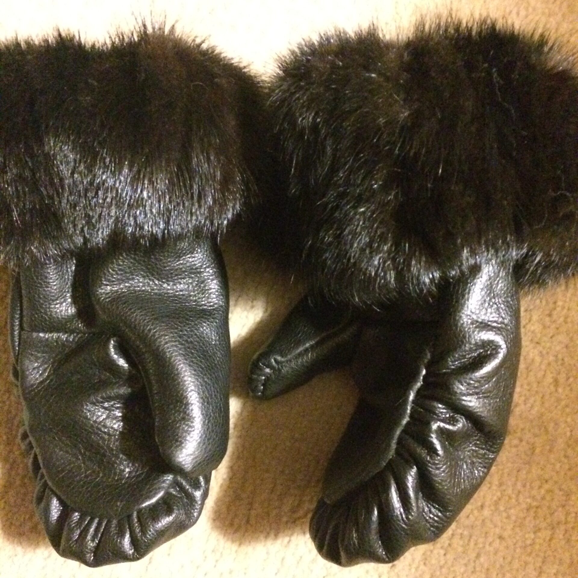 Therese Lalonde Black Leather Fur Mitts