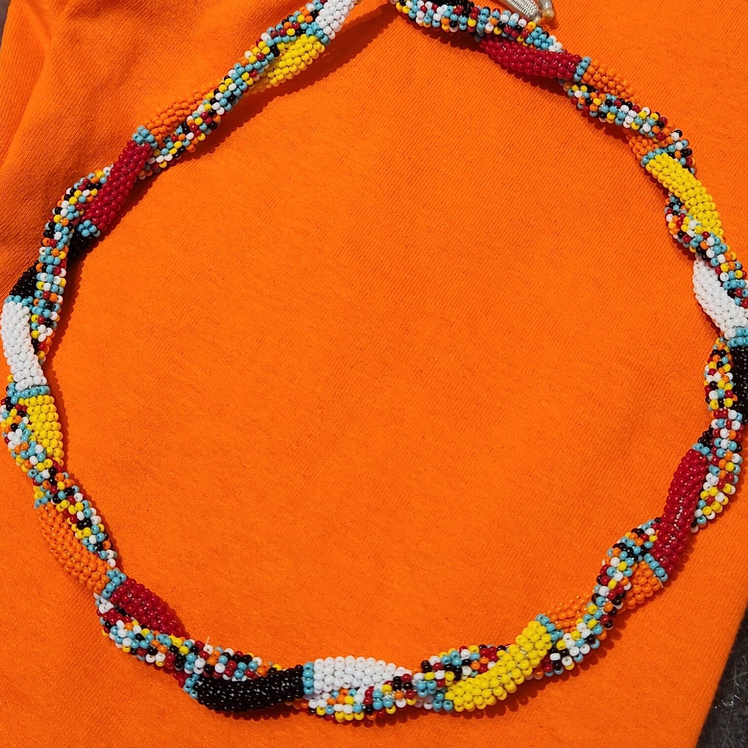 Dale Goulet Red Yellow Orange White and Black Beaded Necklace