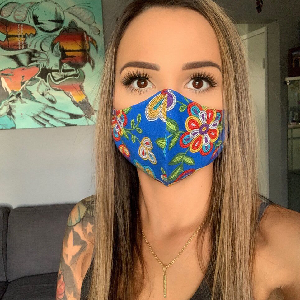 Brye Robertson, beadwork, beader, sewing, covid-19 masks, Indigenous Artist, First Nations, Indigenous Arts Collective of Canada, Pass The Feather