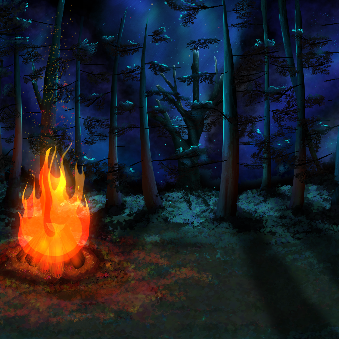 Wennekerakon Tiewishaw-Poirier -Cartoon Night Campfire Forest Scene