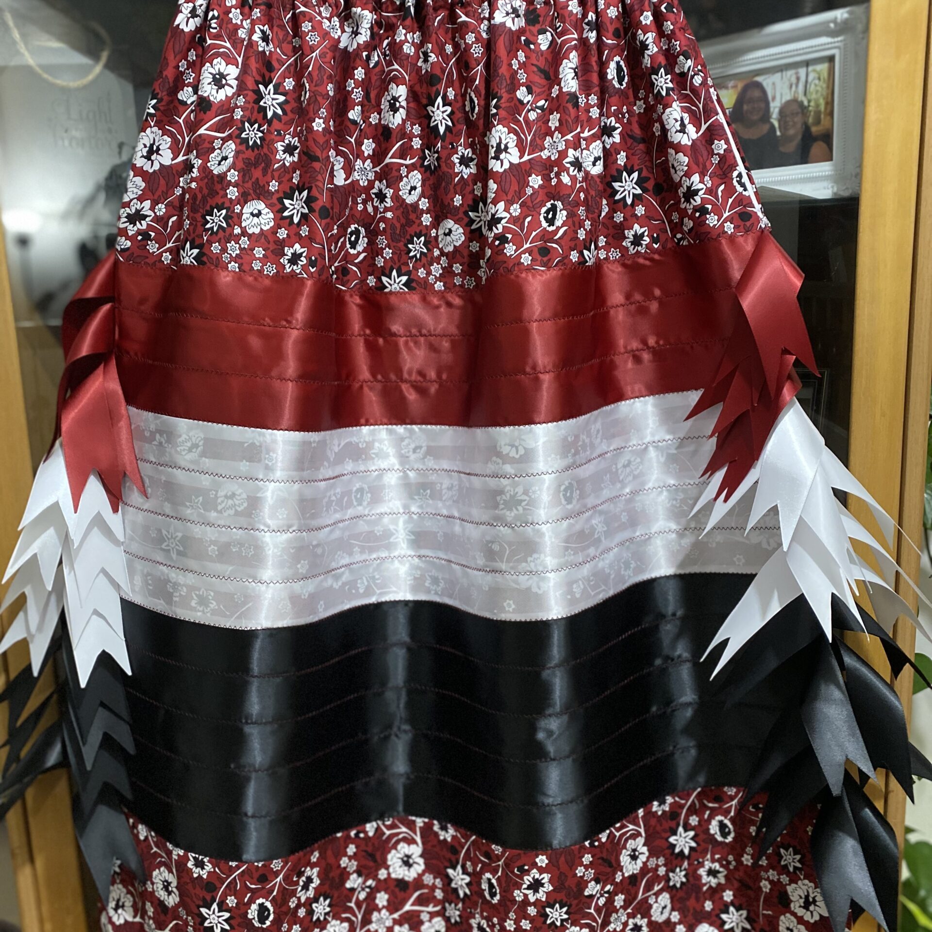 Wanda Pelletier Red, White, Black Floral Ribbon Skirt