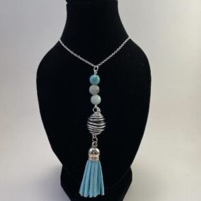 Jamie Consoli, Creeative Gems, Indigenous Art, Blue Beaded Necklace on mannequin neck