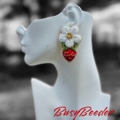 Crystal King-Busy Beeder-Large strawberry and white flower earring