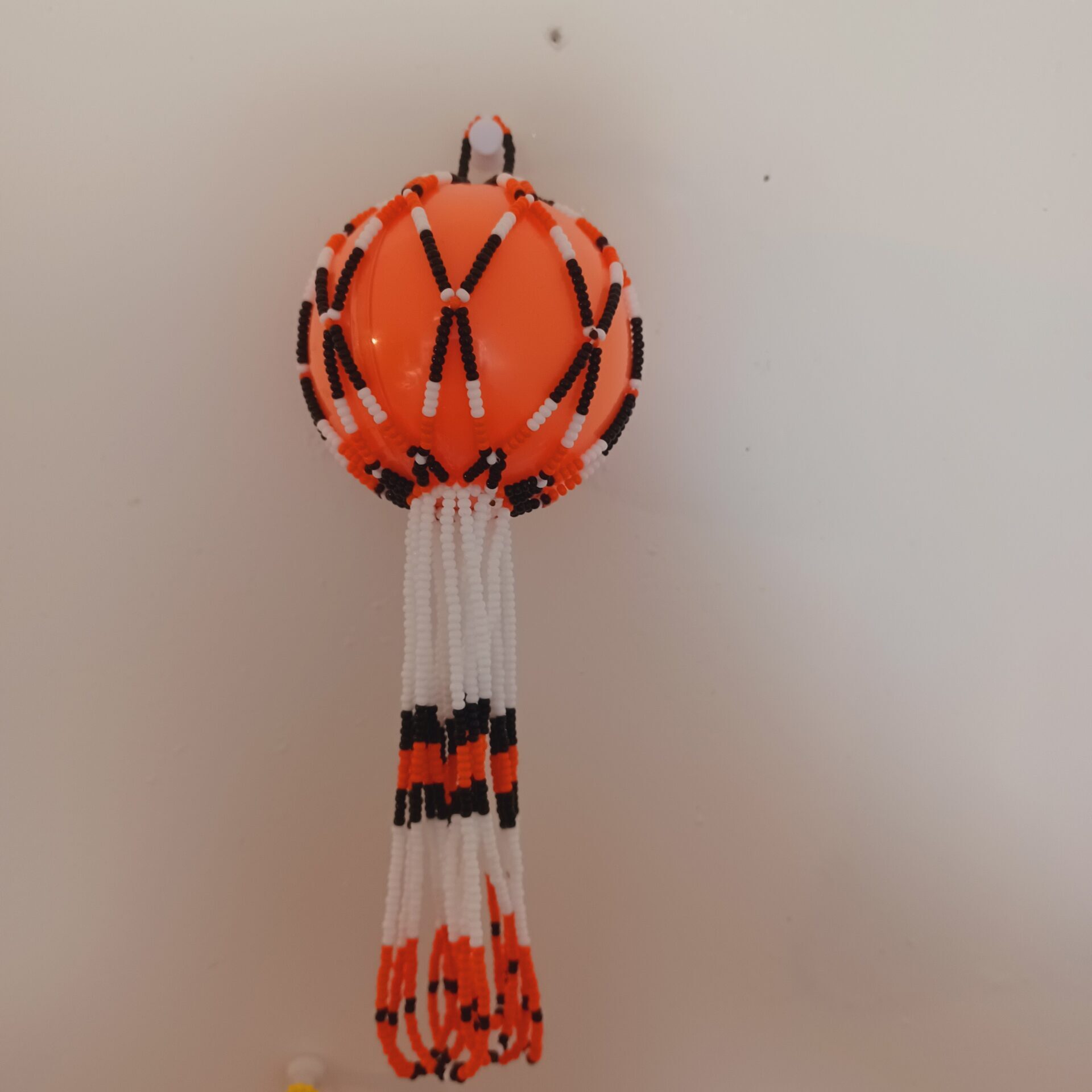Amanda Lepine -Orange, White and Black Beaded Dreamcatcher with ball in centre