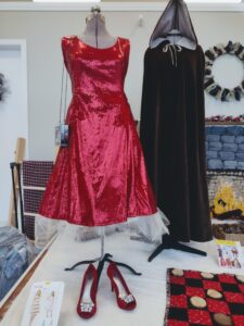 Crystal Drakeford, Indigenous Art, Red Dress and a Black shawl on mannequins