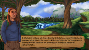 Wennekerakon Tiewishaw-Poirier -Cartoon Indigenous Character in Forest Scene