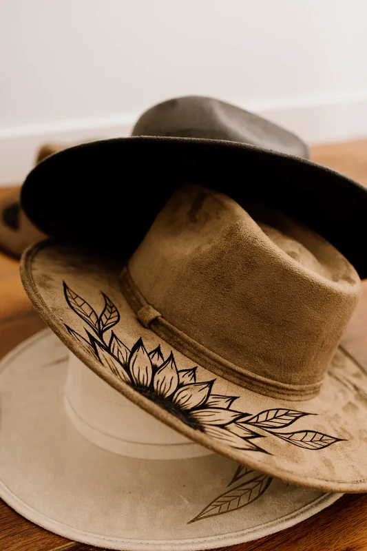 Annie RoseWolf Martin - White, Black and Brown wood burned hats